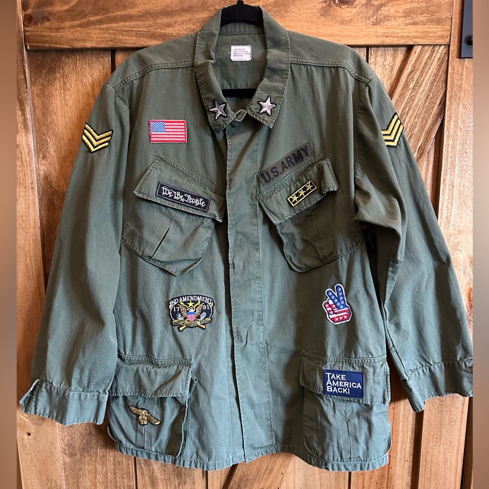 Men's Vintage US Army Green Military Jacket with Hand Sewn On Patches
